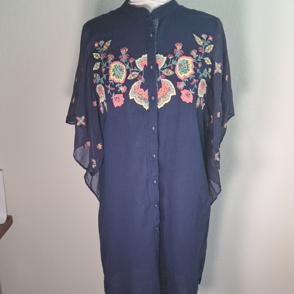 Ritu Kumar Women’s Blue Mosaic Floral Embroidered Tunic Mini Dress Small Cotton